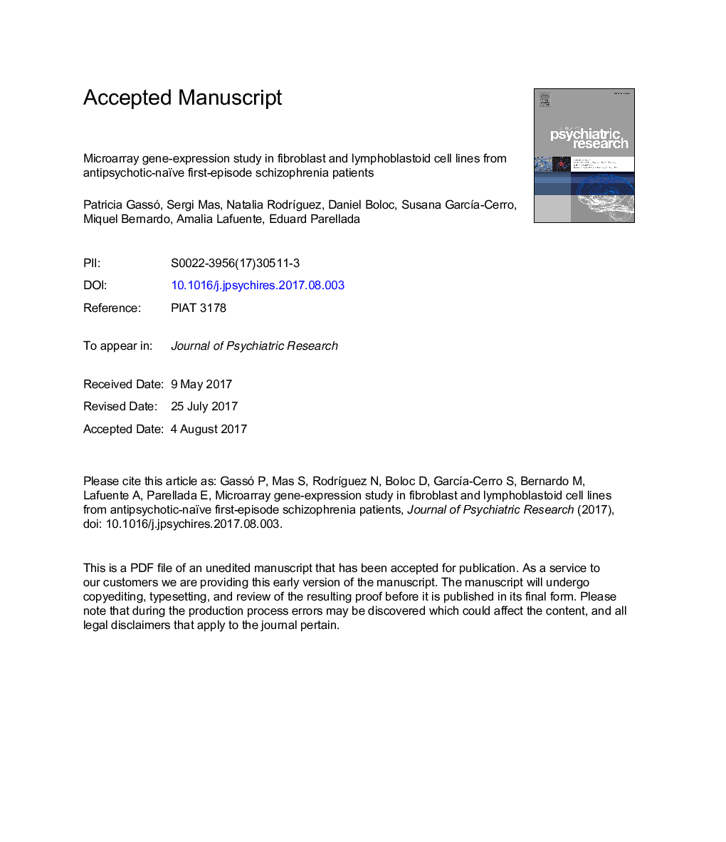 Microarray gene-expression study in fibroblast and lymphoblastoid cell lines from antipsychotic-naïve first-episode schizophrenia patients