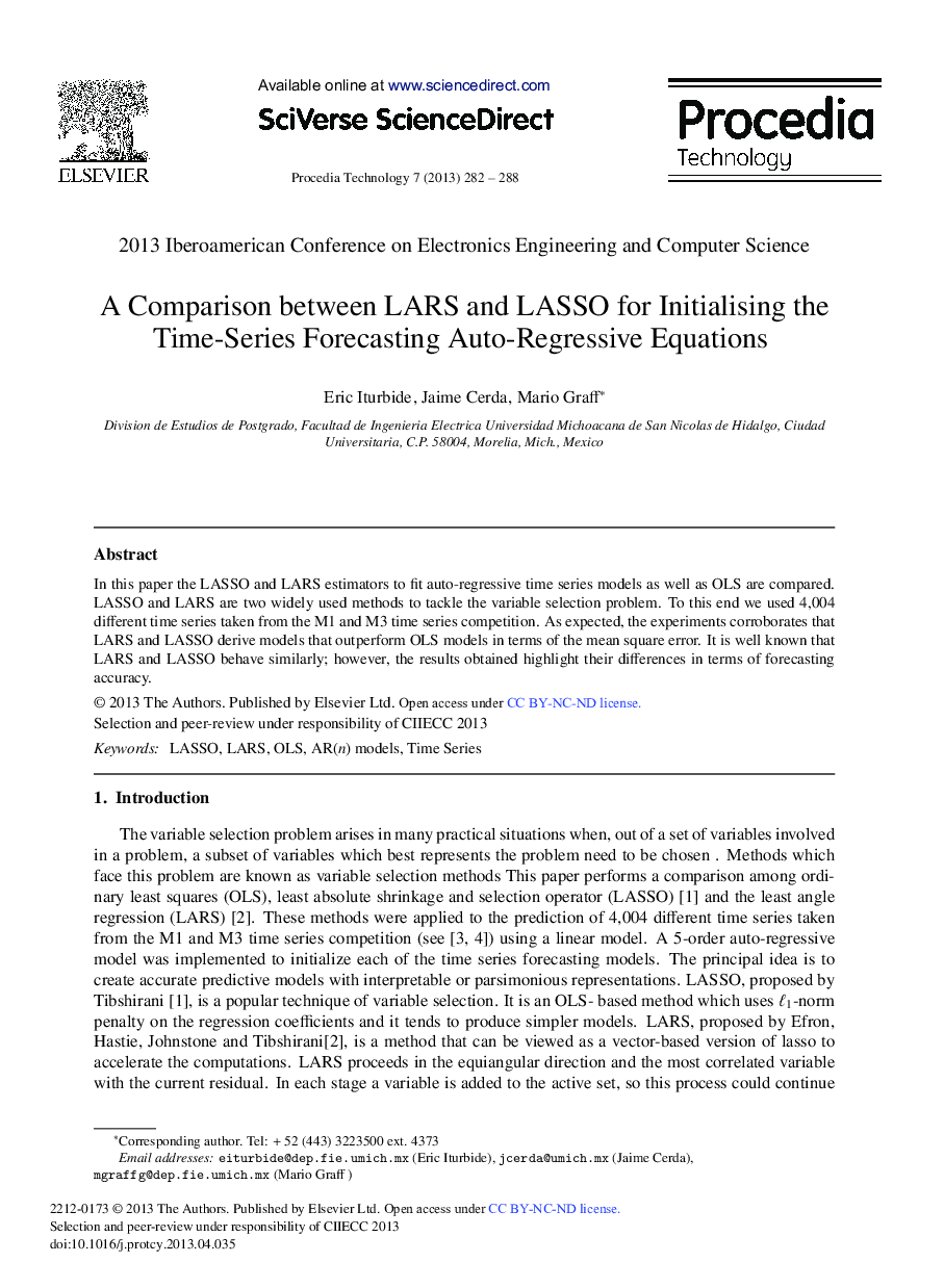 A Comparison between LARS and LASSO for Initialising the Time-Series Forecasting Auto-Regressive Equations 