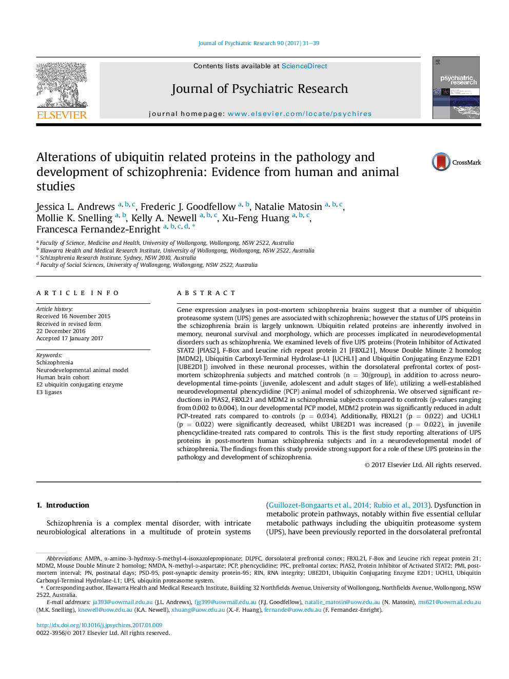 Alterations of ubiquitin related proteins in the pathology and development of schizophrenia: Evidence from human and animal studies