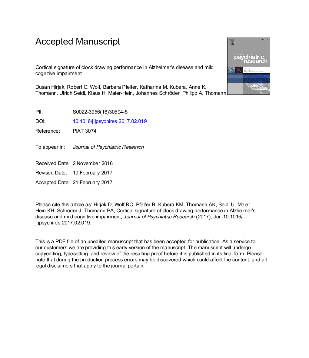 Cortical signature of clock drawing performance in Alzheimer's disease and mild cognitive impairment