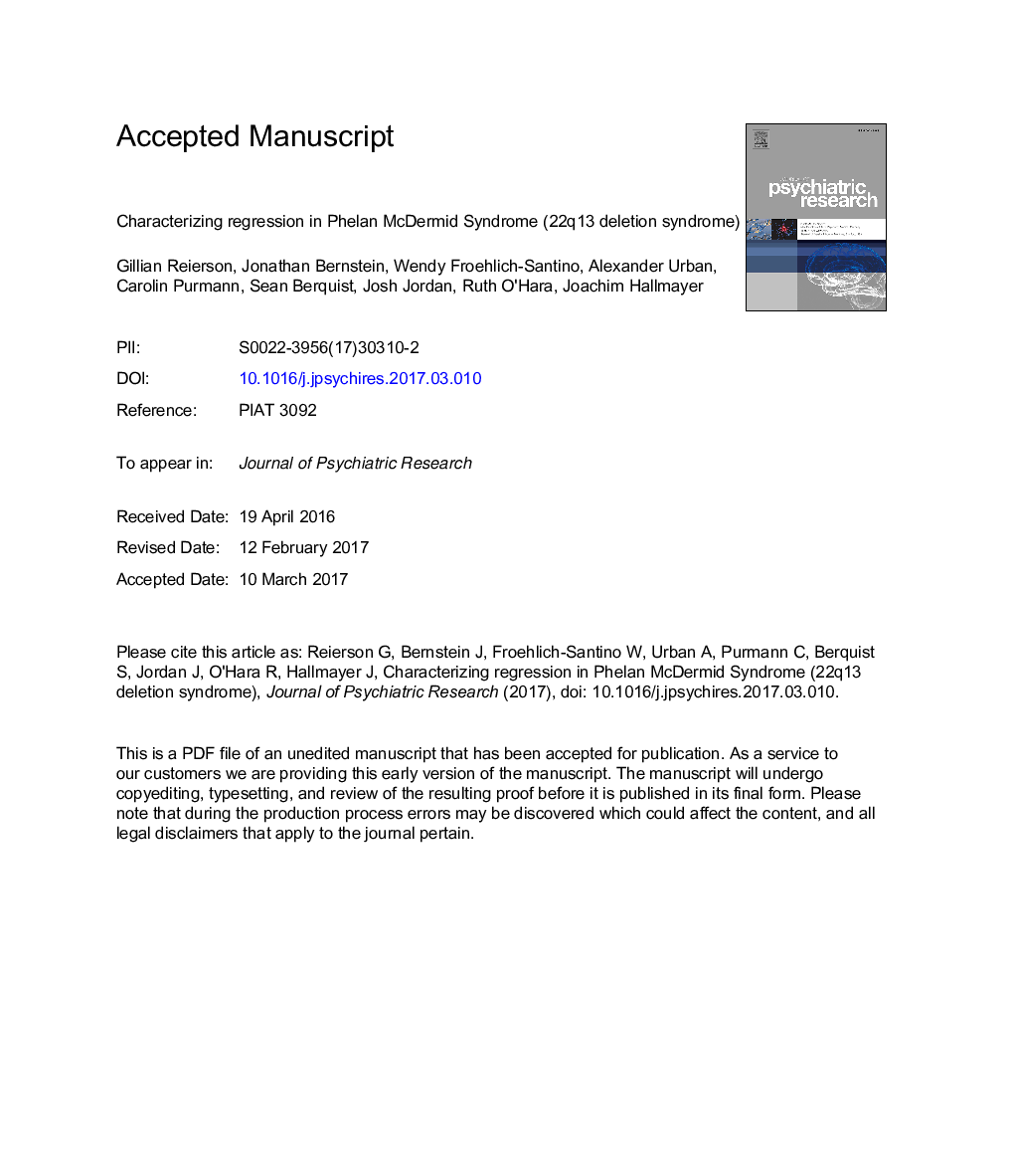 Characterizing regression in Phelan McDermid Syndrome (22q13 deletion syndrome)