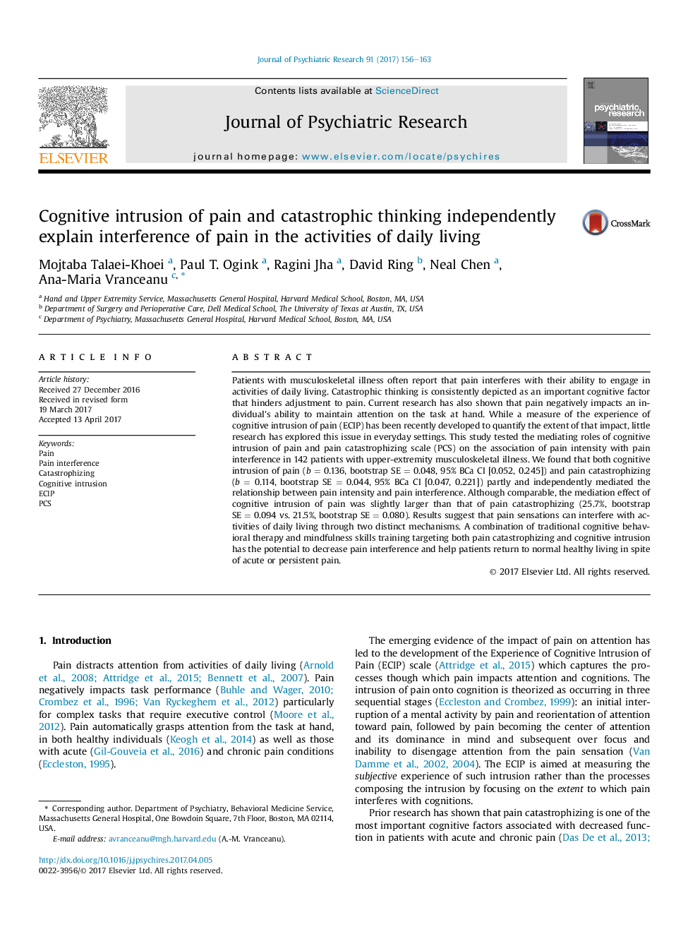 Cognitive intrusion of pain and catastrophic thinking independently explain interference of pain in the activities of daily living