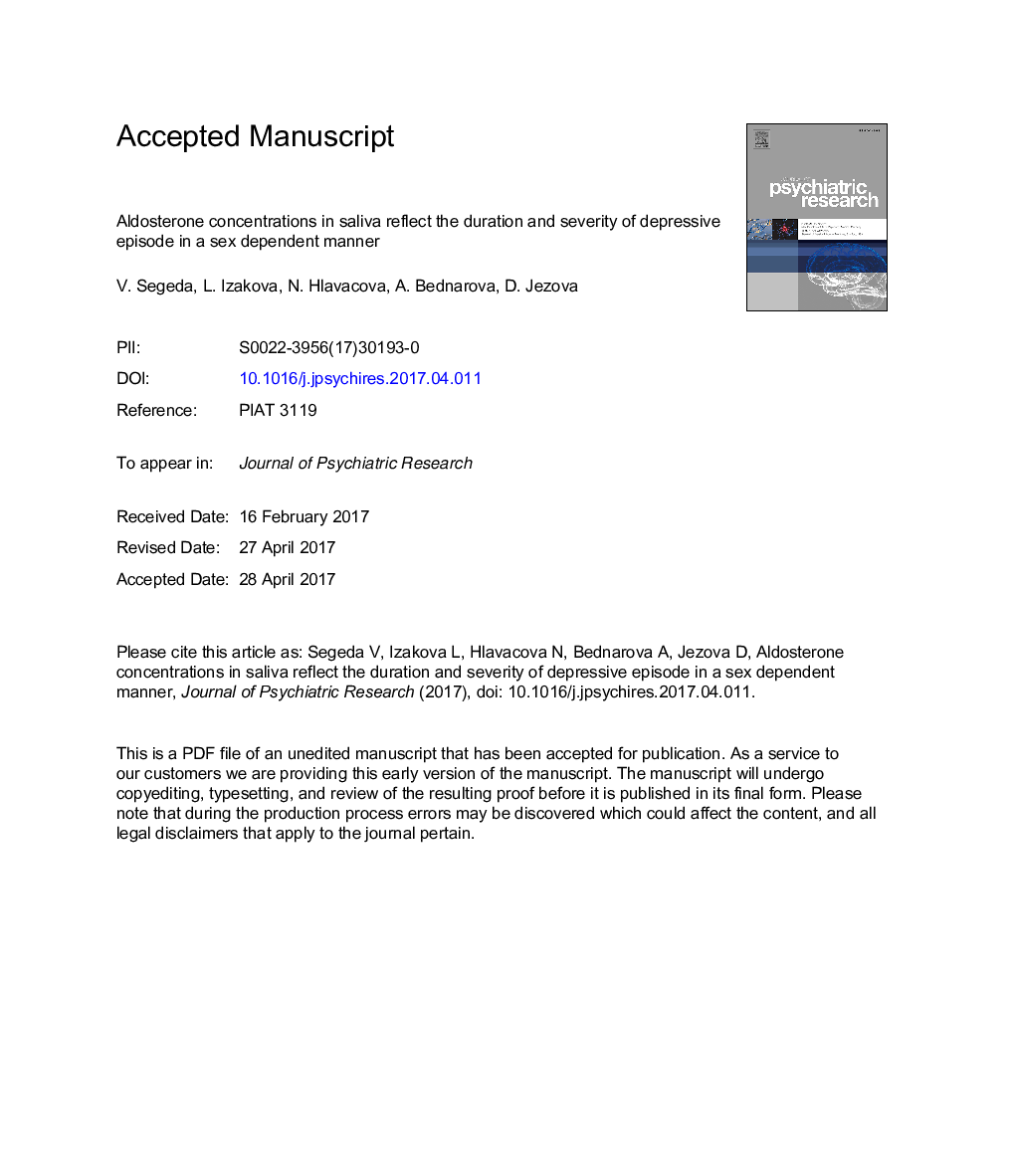 Aldosterone concentrations in saliva reflect the duration and severity of depressive episode in a sex dependent manner