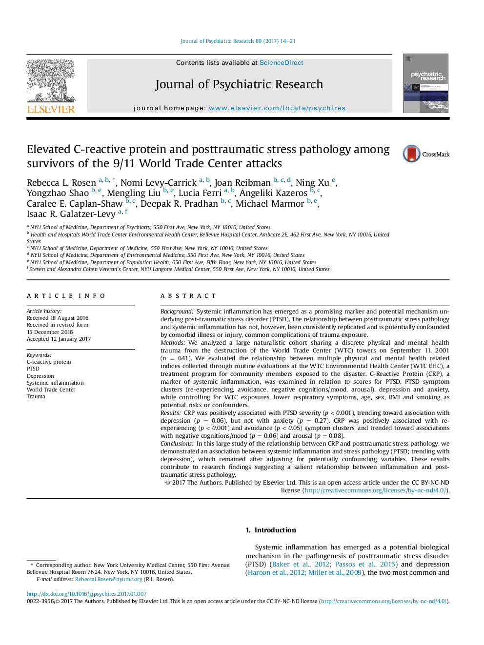 Elevated C-reactive protein and posttraumatic stress pathology among survivors of the 9/11 World Trade Center attacks