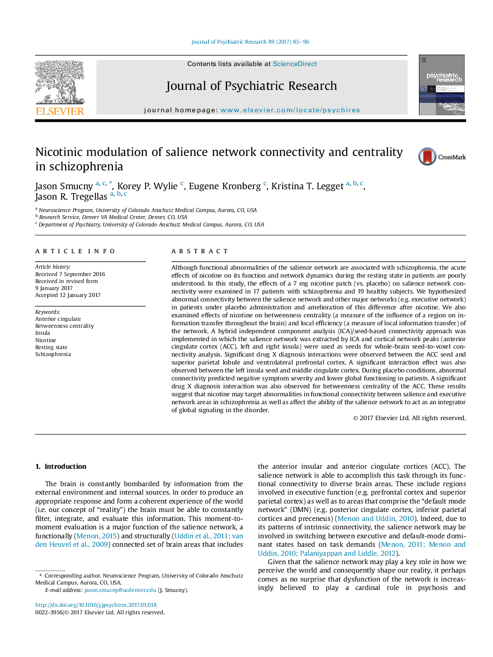 مدولاسیون نیکوتینیک اتصال شبکه مهم و مرکزیت در اسکیزوفرنیا 