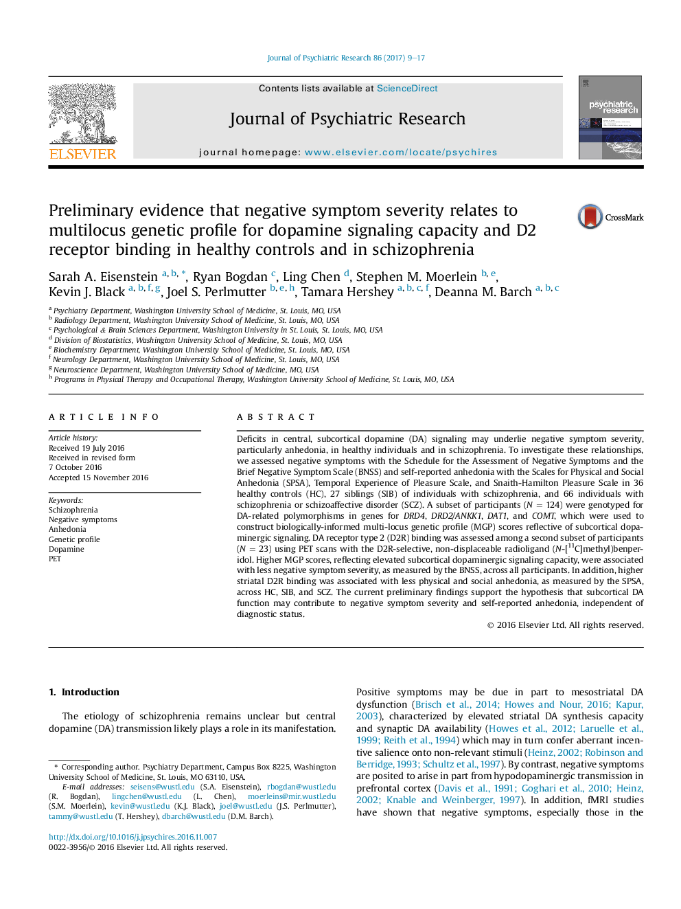 Preliminary evidence that negative symptom severity relates to multilocus genetic profile for dopamine signaling capacity and D2 receptor binding in healthy controls and in schizophrenia