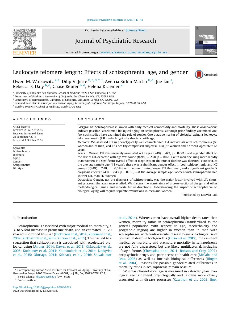 Leukocyte telomere length: Effects of schizophrenia, age, and gender