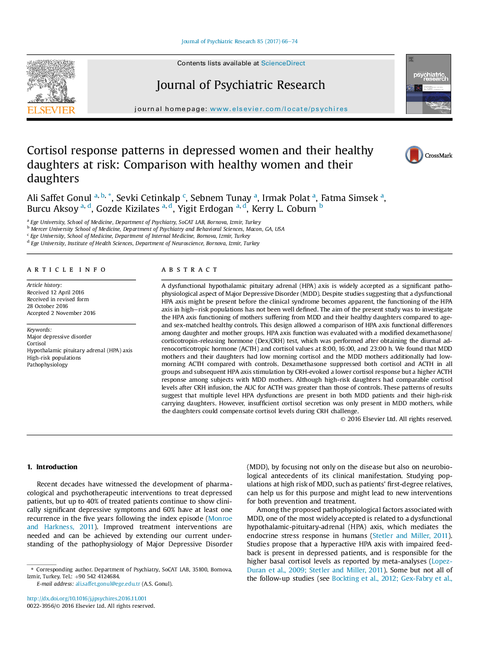 Cortisol response patterns in depressed women and their healthy daughters at risk: Comparison with healthy women and their daughters