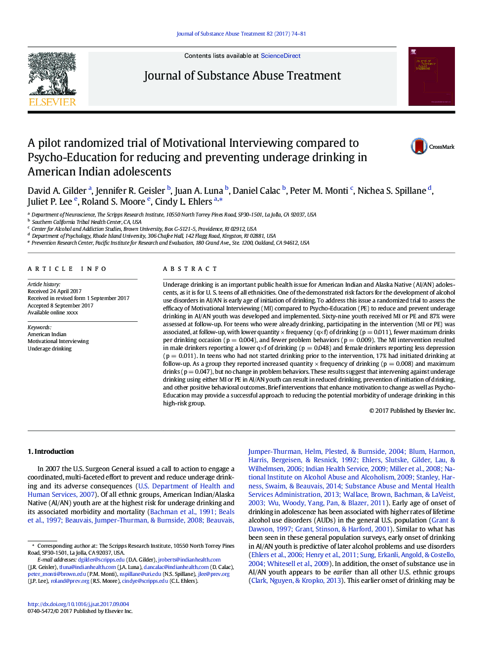 A pilot randomized trial of Motivational Interviewing compared to Psycho-Education for reducing and preventing underage drinking in American Indian adolescents