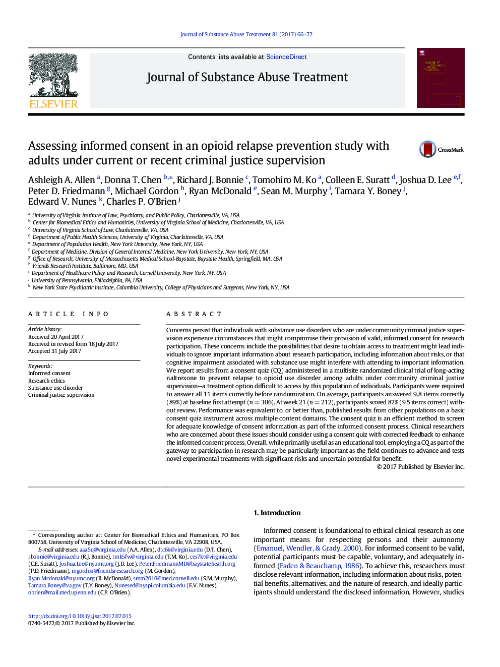 Assessing informed consent in an opioid relapse prevention study with adults under current or recent criminal justice supervision