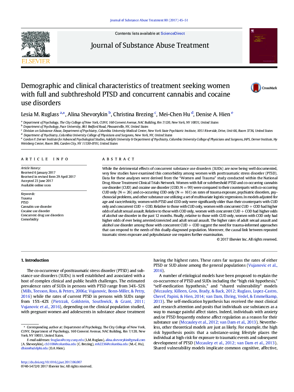 Demographic and clinical characteristics of treatment seeking women with full and subthreshold PTSD and concurrent cannabis and cocaine use disorders