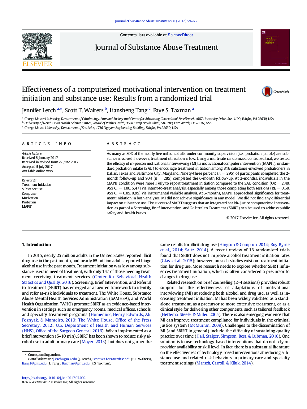 Effectiveness of a computerized motivational intervention on treatment initiation and substance use: Results from a randomized trial