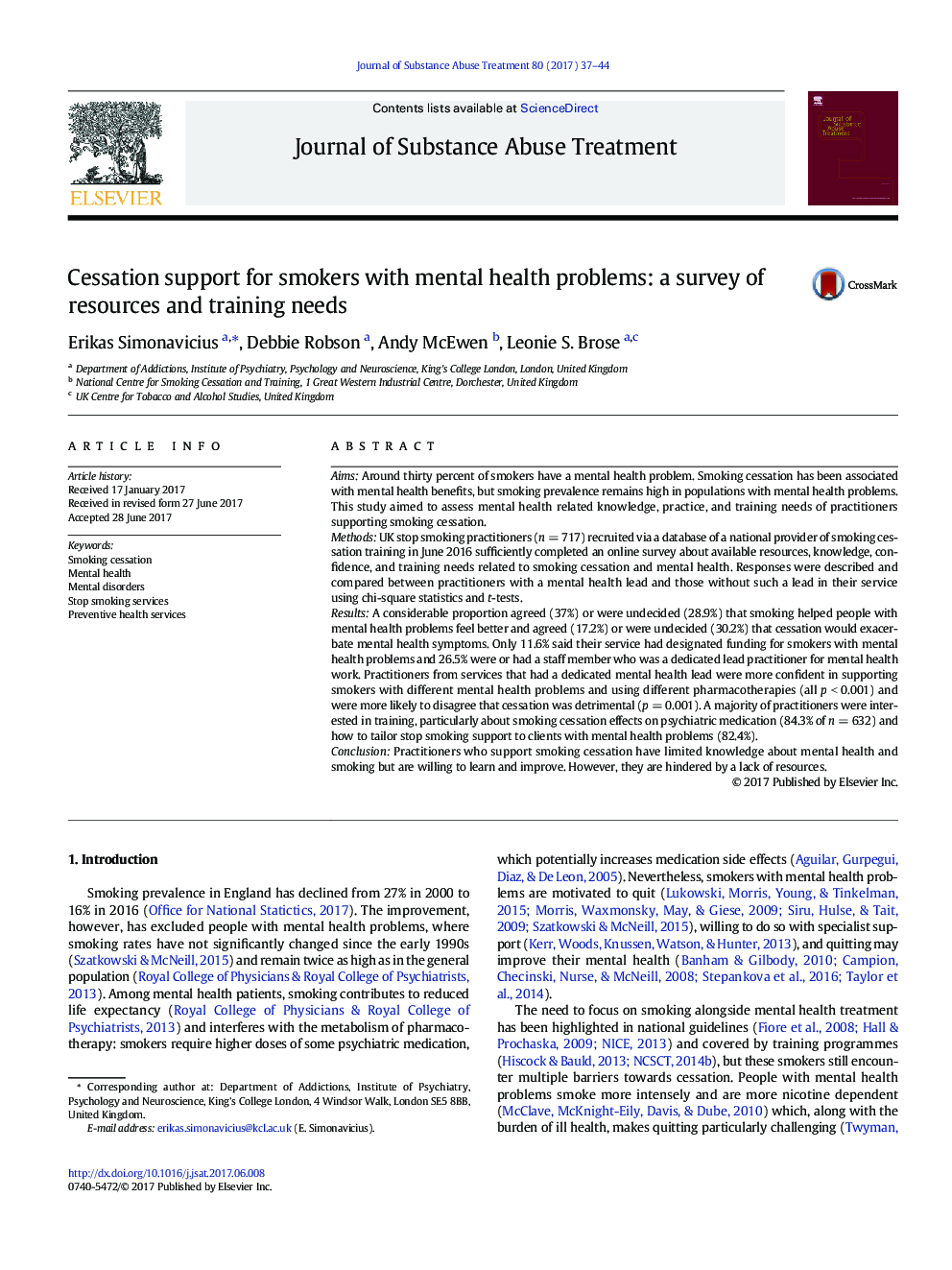 Cessation support for smokers with mental health problems: a survey of resources and training needs