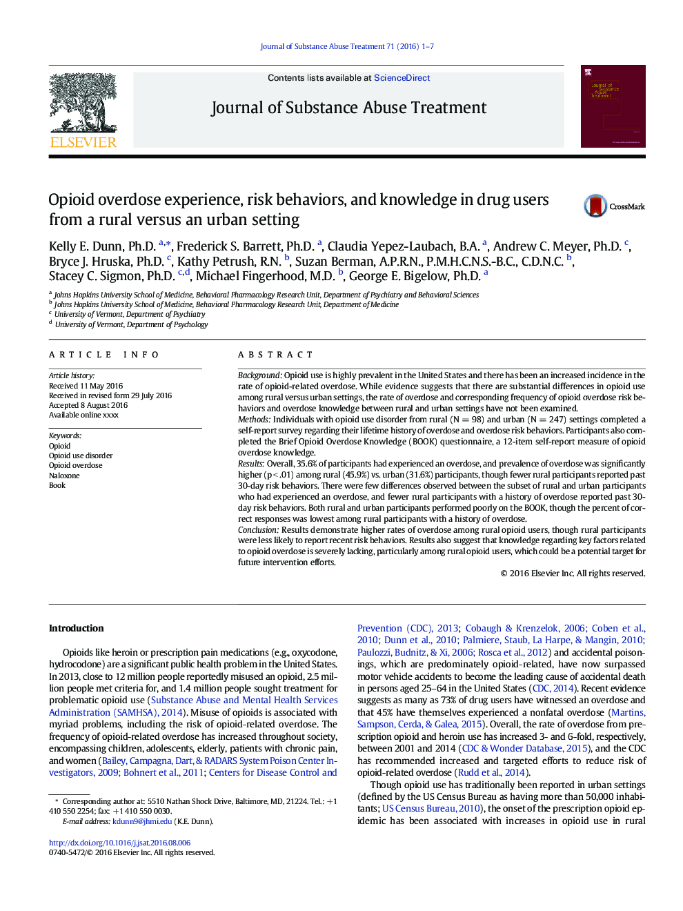 Opioid Overdose Experience, Risk Behaviors, and Knowledge in Drug Users from a Rural Versus an Urban Setting