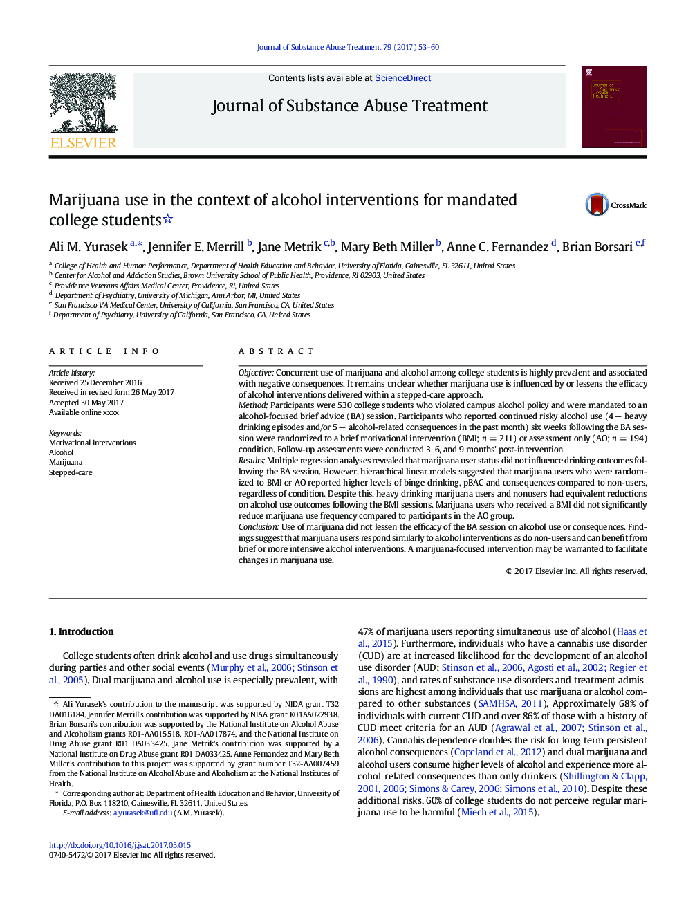 Marijuana use in the context of alcohol interventions for mandated college students