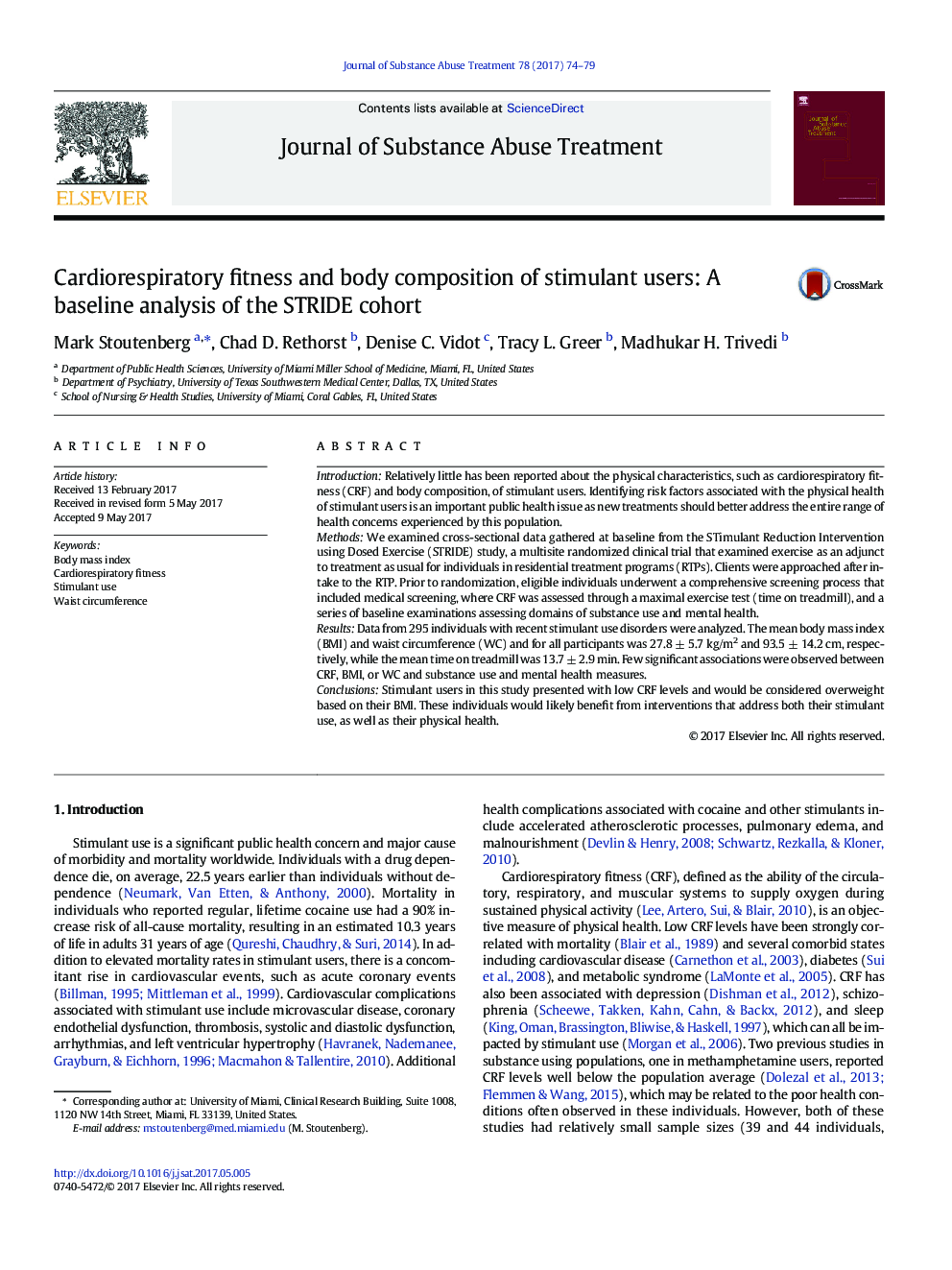 Cardiorespiratory fitness and body composition of stimulant users: A baseline analysis of the STRIDE cohort