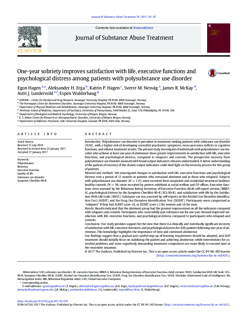 One-year sobriety improves satisfaction with life, executive functions and psychological distress among patients with polysubstance use disorder