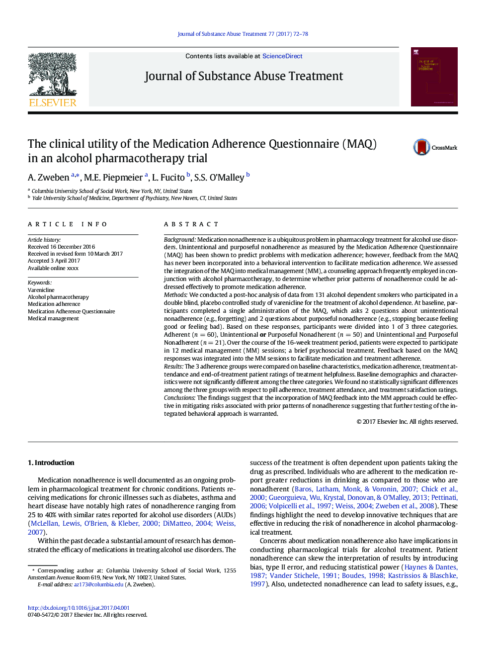 The clinical utility of the Medication Adherence Questionnaire (MAQ) in an alcohol pharmacotherapy trial