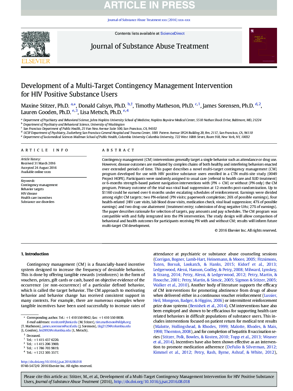 Development of a Multi-Target Contingency Management Intervention for HIV Positive Substance Users