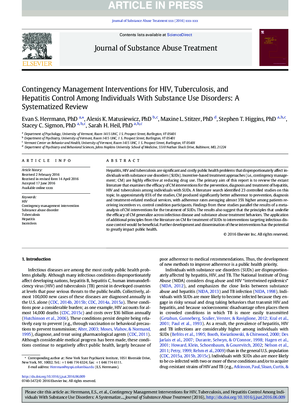 Contingency Management Interventions for HIV, Tuberculosis, and Hepatitis Control Among Individuals With Substance Use Disorders: A Systematized Review