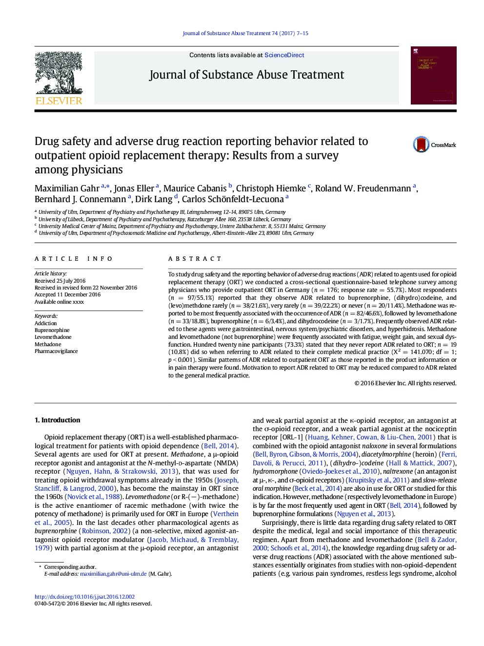 ایمنی مواد مخدر و رفتارهای گزارش شده در مورد واکنش های ناشی از مواد مخدر مربوط به درمان جایگزینی سرپایی سرپایی: نتایج حاصل از یک نظرسنجی در میان پزشکان 