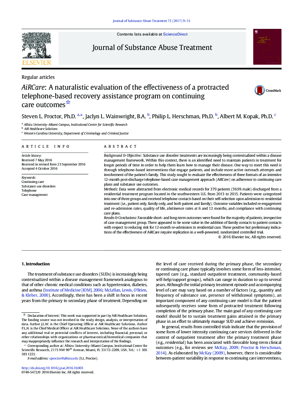 AiRCare: A naturalistic evaluation of the effectiveness of a protracted telephone-based recovery assistance program on continuing care outcomes