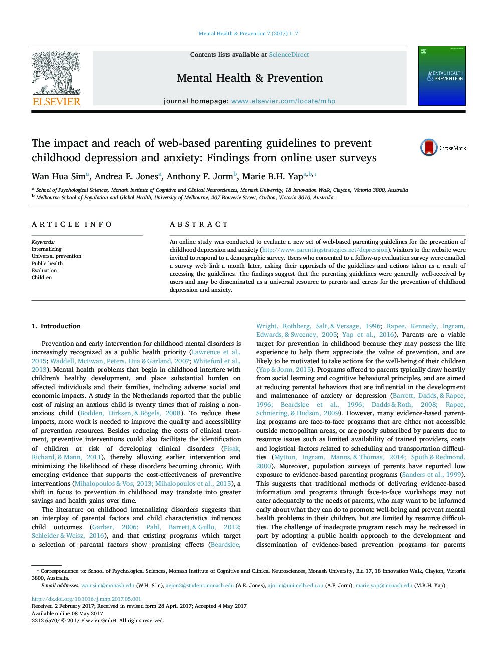 The impact and reach of web-based parenting guidelines to prevent childhood depression and anxiety: Findings from online user surveys