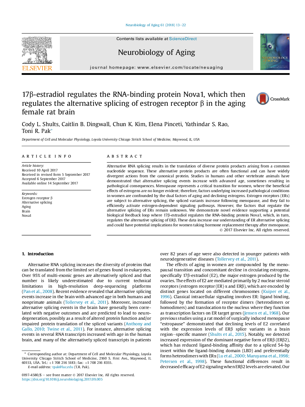 17Î²-estradiol regulates the RNA-binding protein Nova1, which then regulates the alternative splicing of estrogen receptor Î² in the aging female rat brain