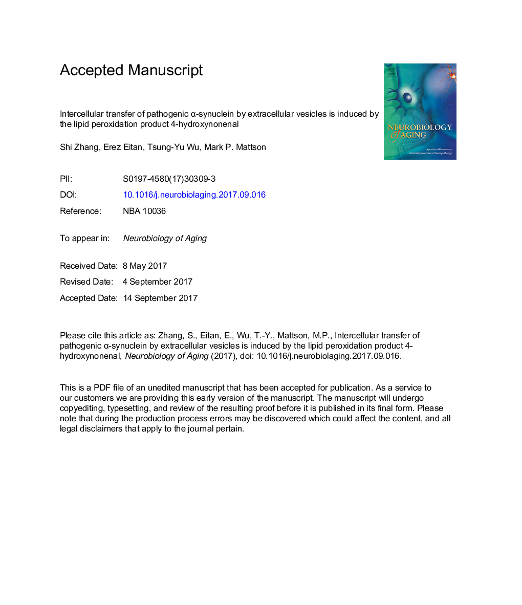 Intercellular transfer of pathogenic Î±-synuclein by extracellular vesicles is induced by the lipid peroxidation product 4-hydroxynonenal