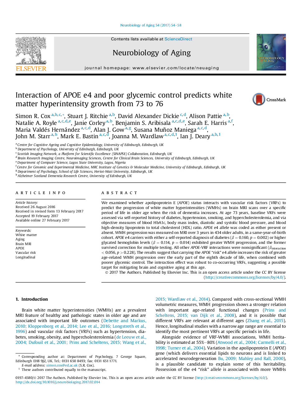 Interaction of APOE e4 and poor glycemic control predicts white matter hyperintensity growth from 73 to 76