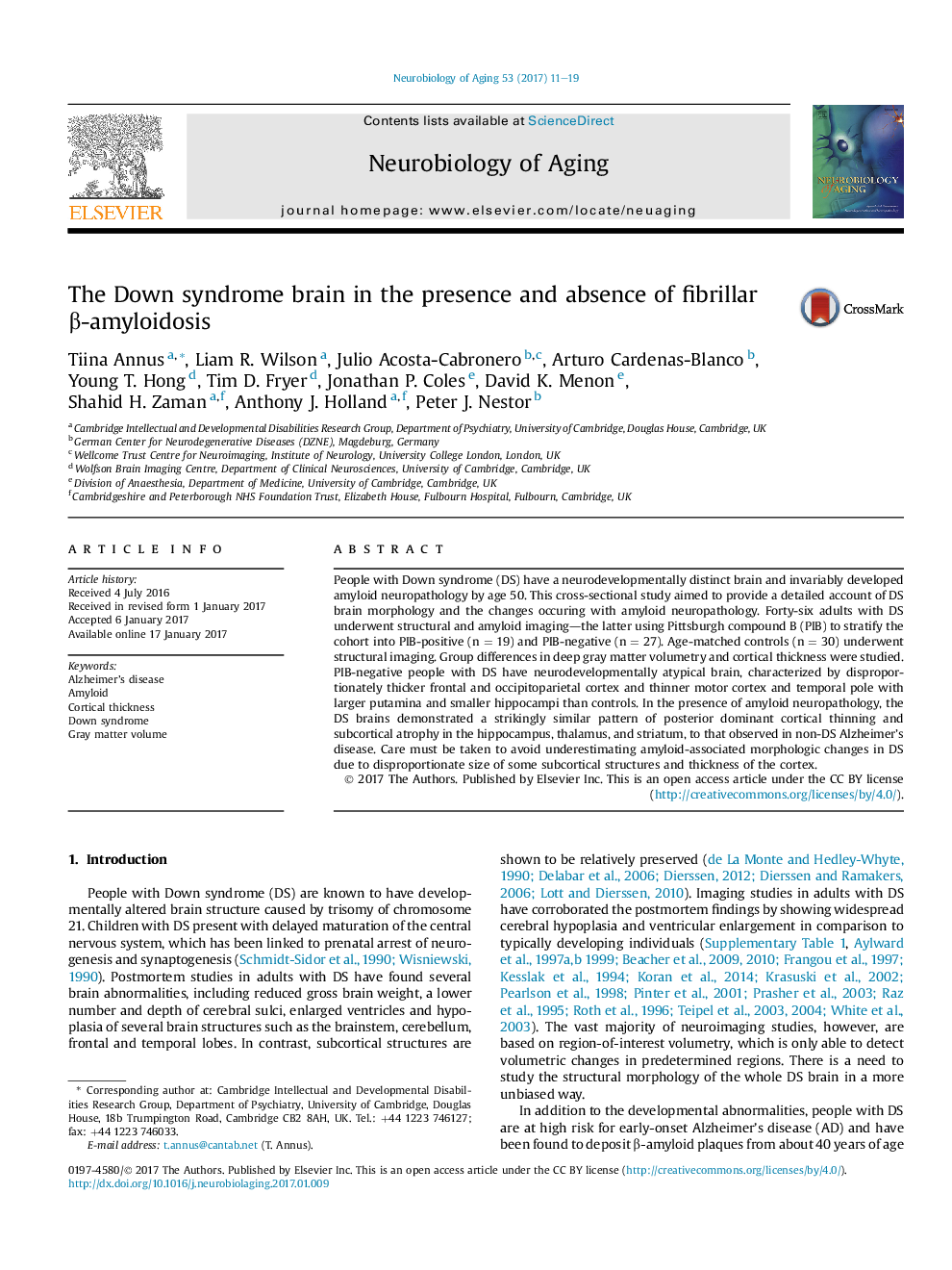 The Down syndrome brain in the presence and absence of fibrillar Î²-amyloidosis