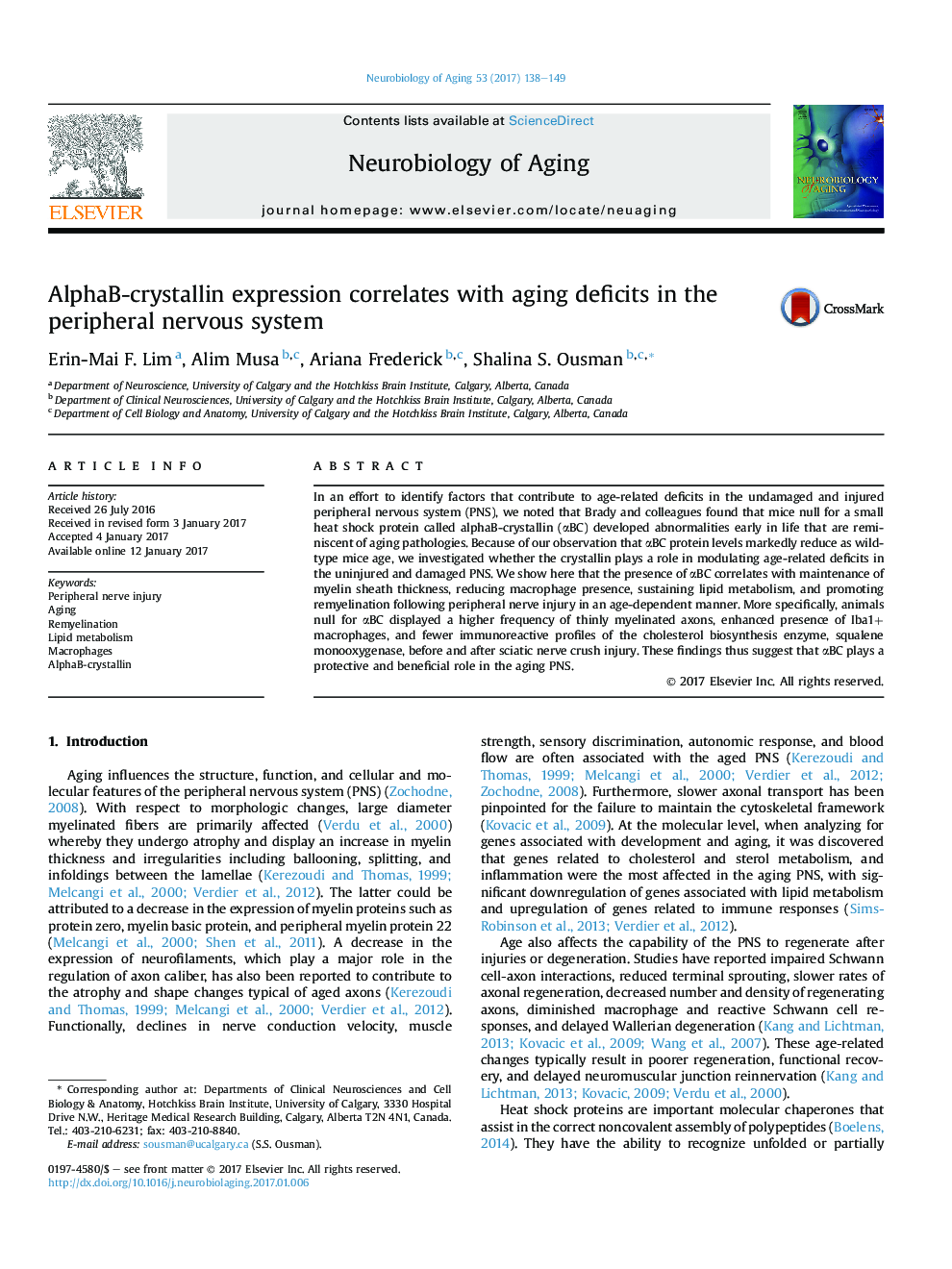 AlphaB-crystallin expression correlates with aging deficits in the peripheral nervous system