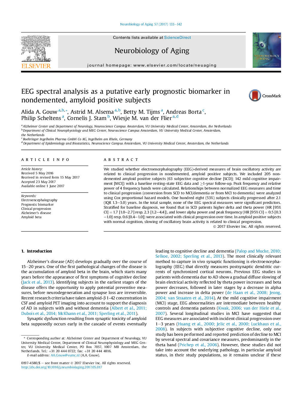 EEG spectral analysis as a putative early prognostic biomarker in nondemented, amyloid positive subjects