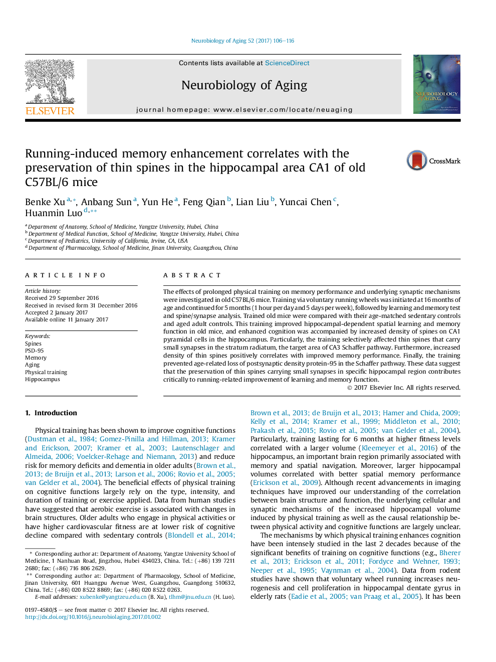 Regular articleRunning-induced memory enhancement correlates with the preservation of thin spines in the hippocampal area CA1 of old C57BL/6 mice