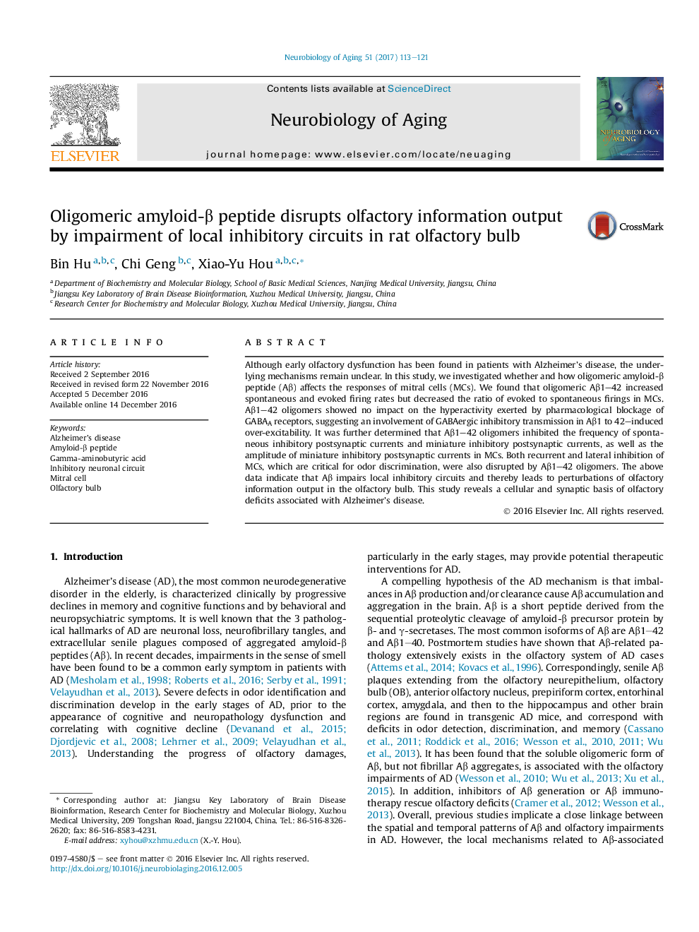 Regular articleOligomeric amyloid-Î² peptide disrupts olfactory information output by impairment of local inhibitory circuits in rat olfactory bulb