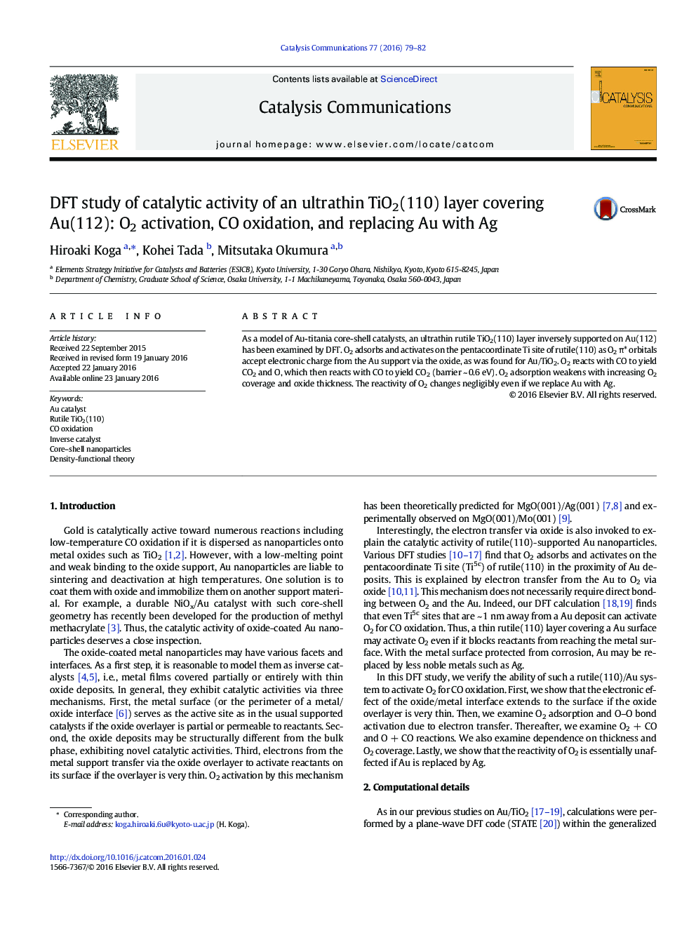 مطالعه DFT در مورد فعالیت کاتالیزوری پوشش لایه TiO2 (110) آلومینیوم Au (112): فعال سازی O2، اکسیداسیون CO و جایگزینی Au با Ag