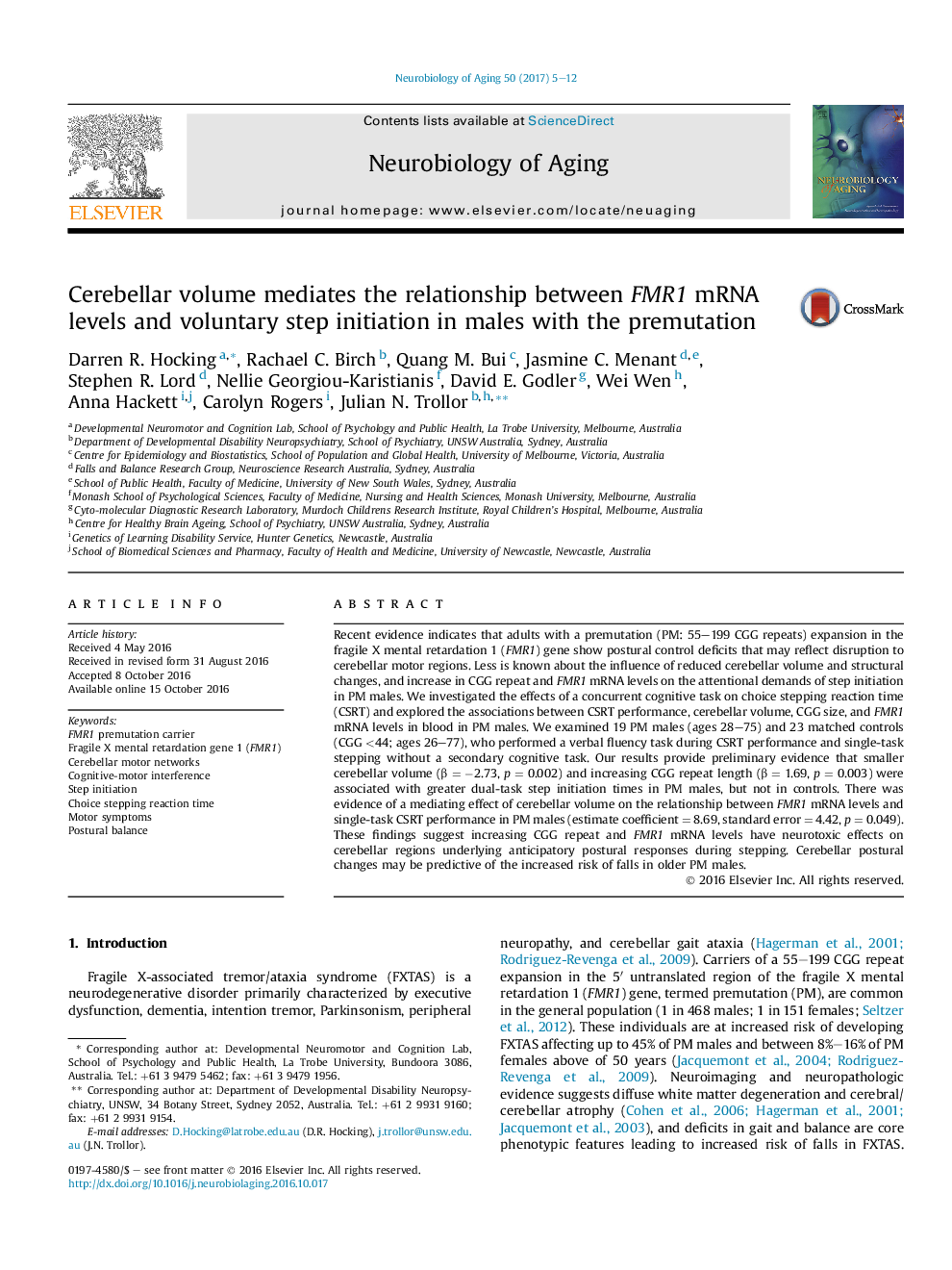 Cerebellar volume mediates the relationship between FMR1 mRNA levels and voluntary step initiation in males with the premutation