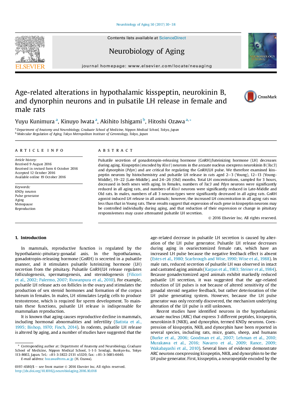 Age-related alterations in hypothalamic kisspeptin, neurokinin B, and dynorphin neurons and in pulsatile LH release in female and male rats