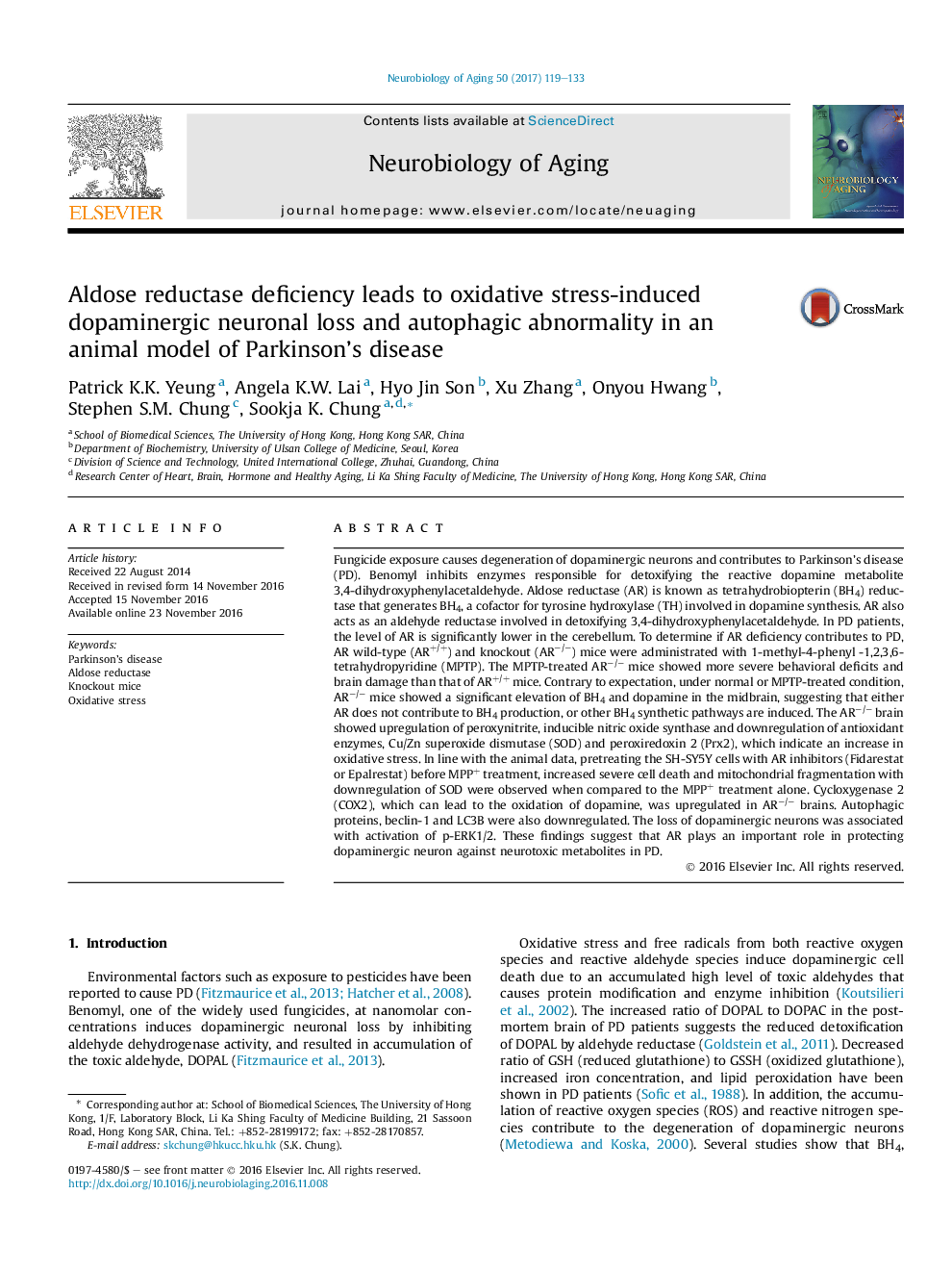 Aldose reductase deficiency leads to oxidative stress-induced dopaminergic neuronal loss and autophagic abnormality in an animal model of Parkinson's disease