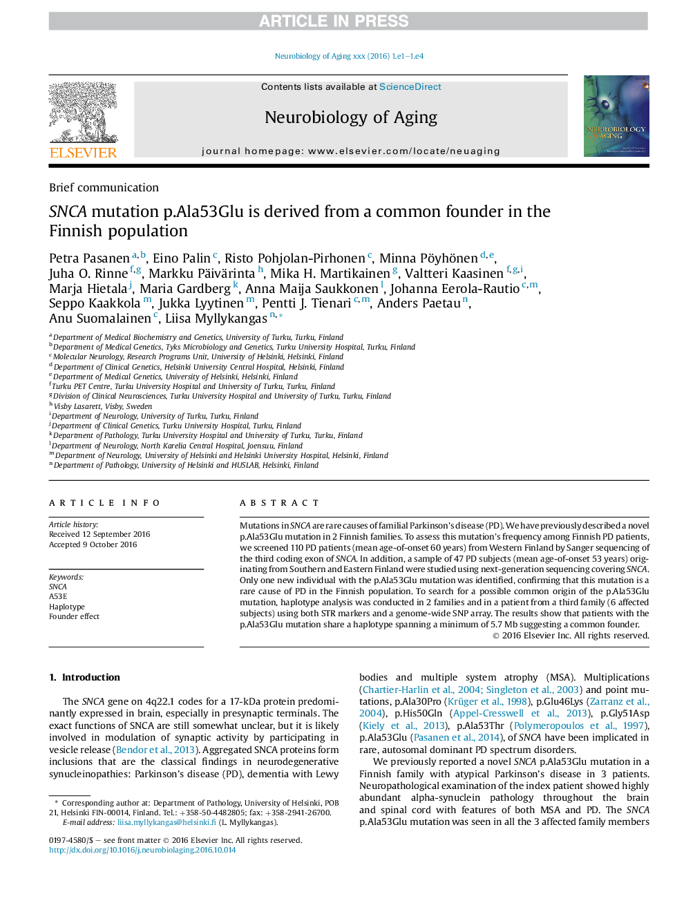 SNCA mutation p.Ala53Glu is derived from a common founder in the Finnish population