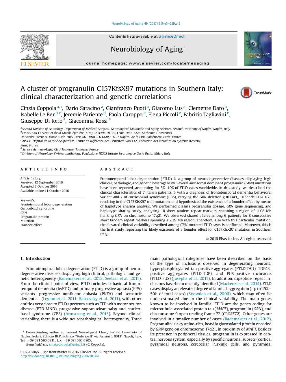 A cluster of progranulin C157KfsX97 mutations in Southern Italy: clinical characterization and genetic correlations