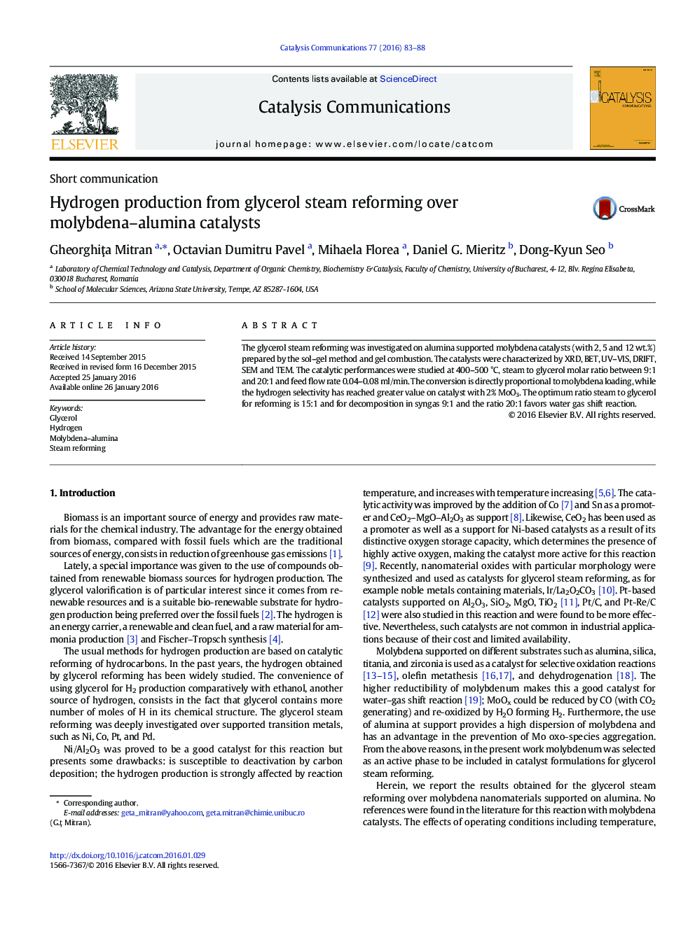 Hydrogen production from glycerol steam reforming over molybdena–alumina catalysts