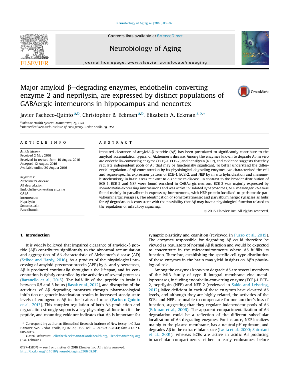 Major amyloid-Î²-degrading enzymes, endothelin-converting enzyme-2 and neprilysin, are expressed by distinct populations of GABAergic interneurons in hippocampus and neocortex