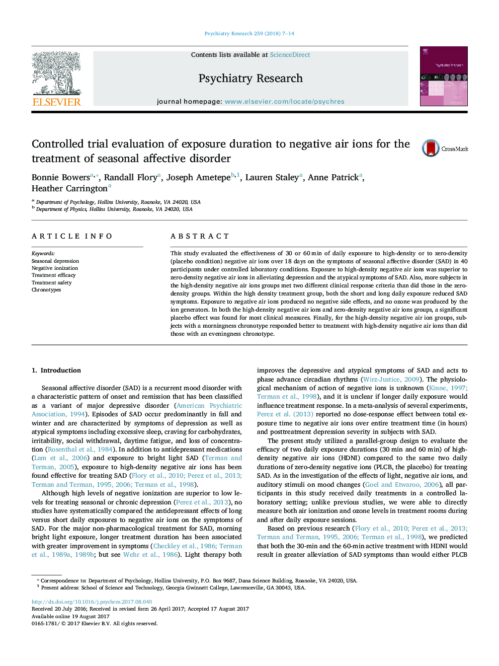 Controlled trial evaluation of exposure duration to negative air ions for the treatment of seasonal affective disorder