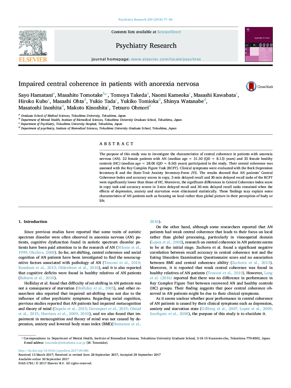 Impaired central coherence in patients with anorexia nervosa