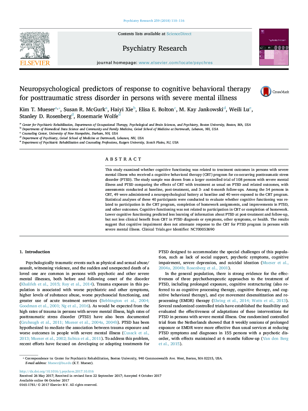 Neuropsychological predictors of response to cognitive behavioral therapy for posttraumatic stress disorder in persons with severe mental illness