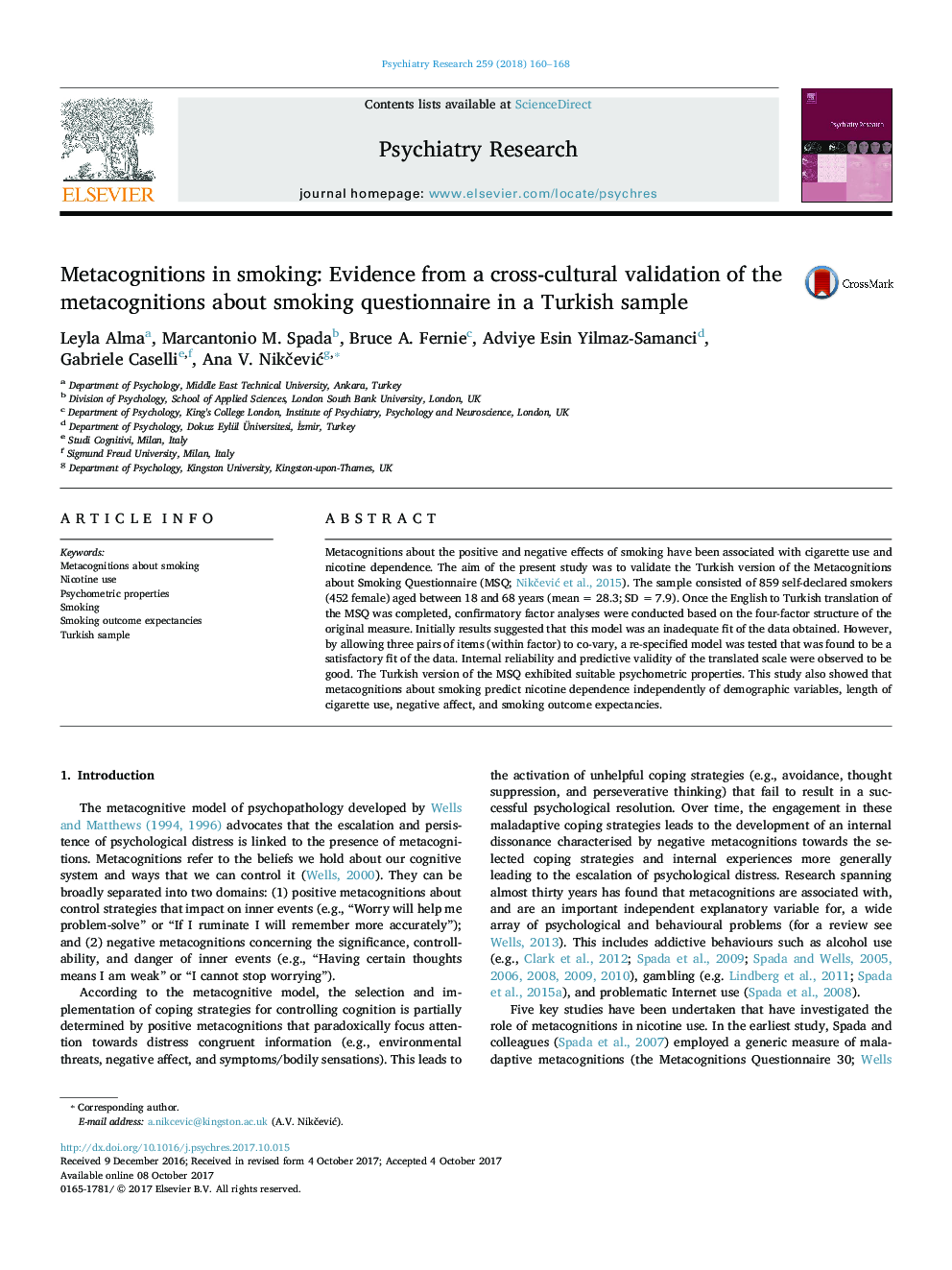 Metacognitions in smoking: Evidence from a cross-cultural validation of the metacognitions about smoking questionnaire in a Turkish sample