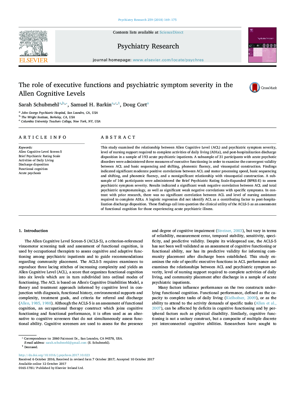 The role of executive functions and psychiatric symptom severity in the Allen Cognitive Levels