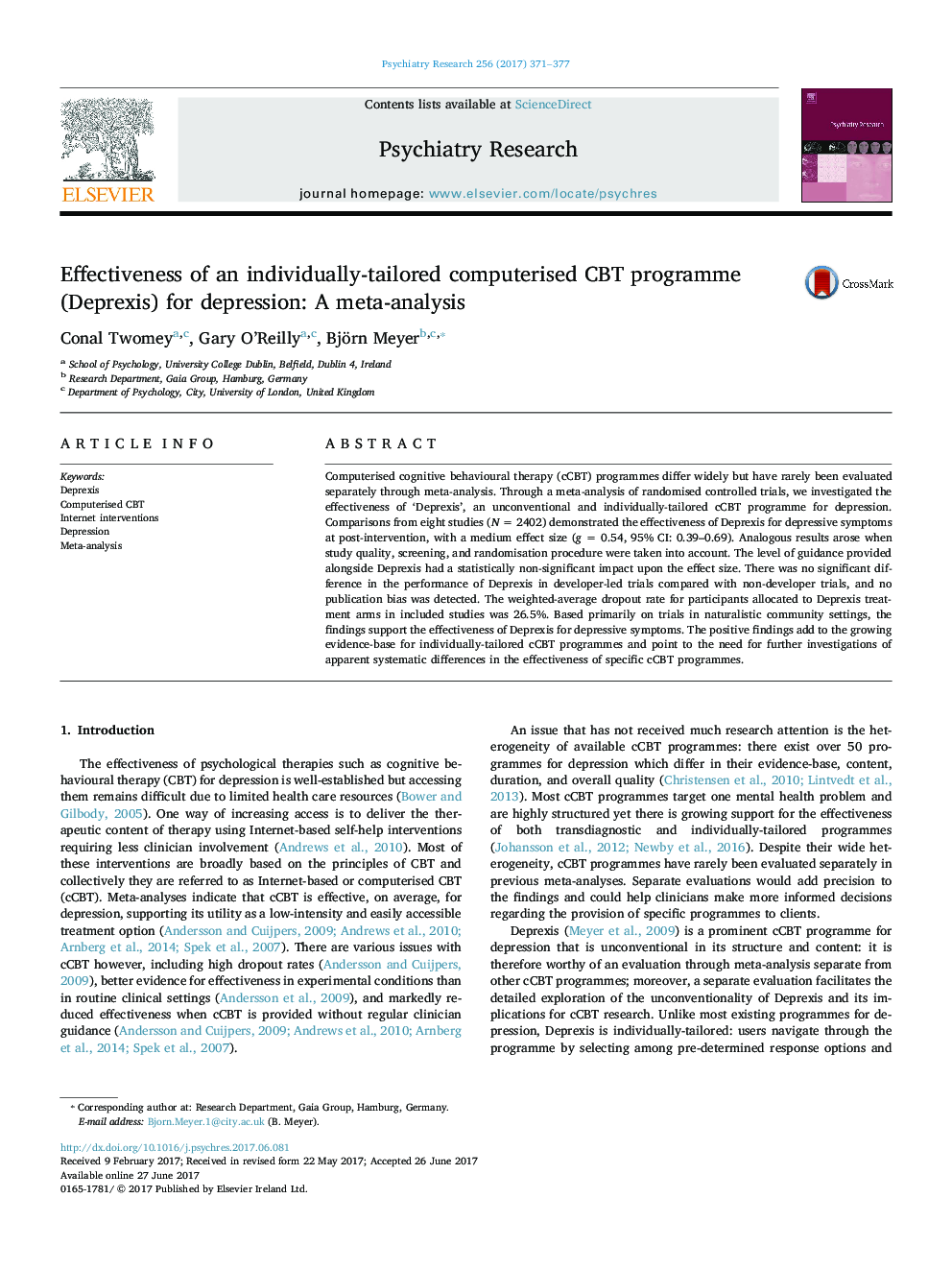 Effectiveness of an individually-tailored computerised CBT programme (Deprexis) for depression: A meta-analysis