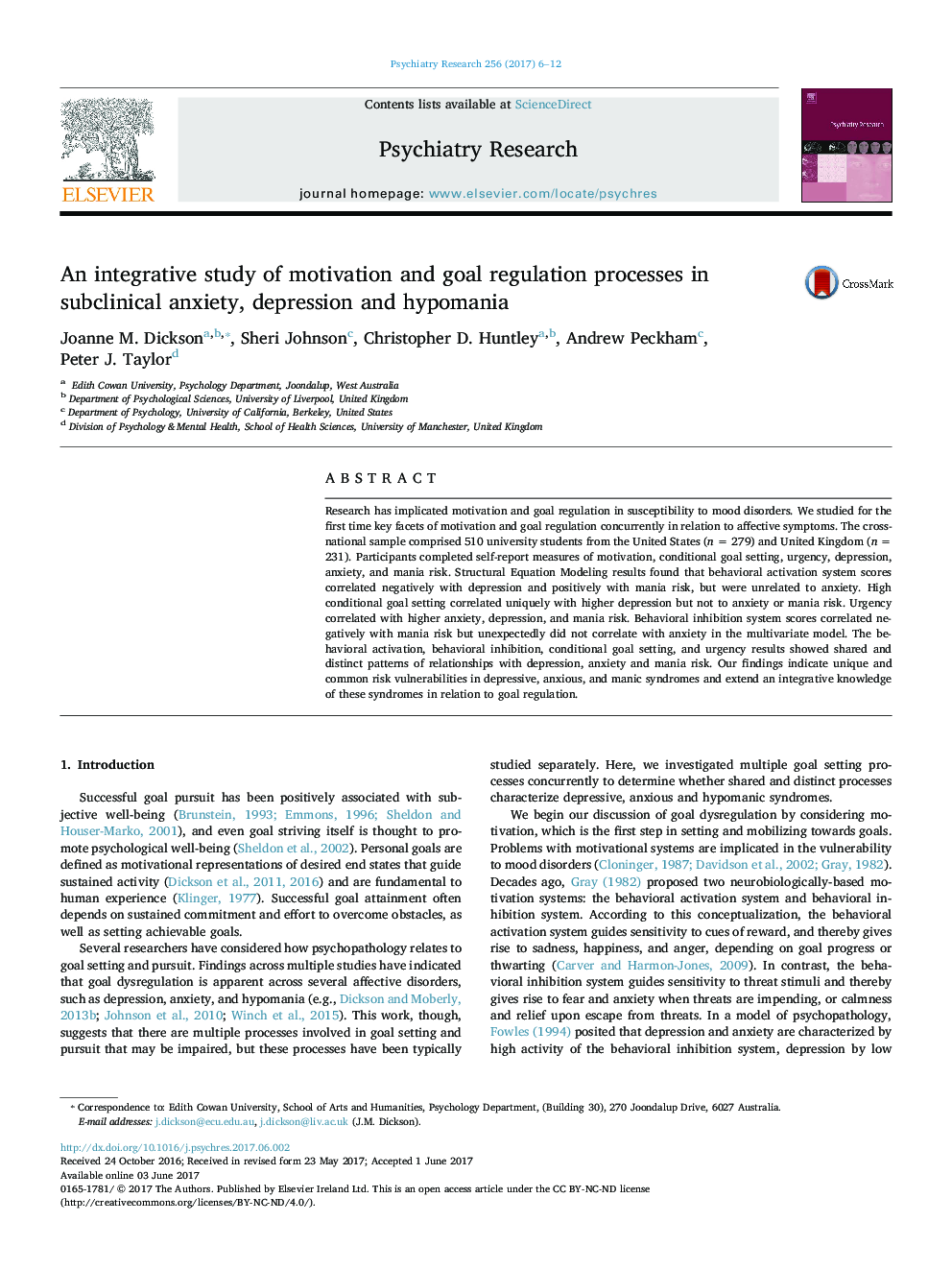 An integrative study of motivation and goal regulation processes in subclinical anxiety, depression and hypomania